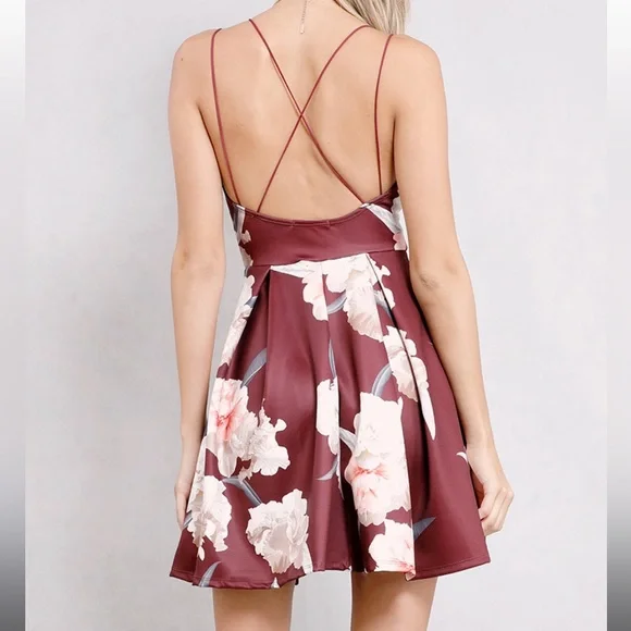 Papaya Maroon Fit and Flare Floral Dress - Picture 3 of 8